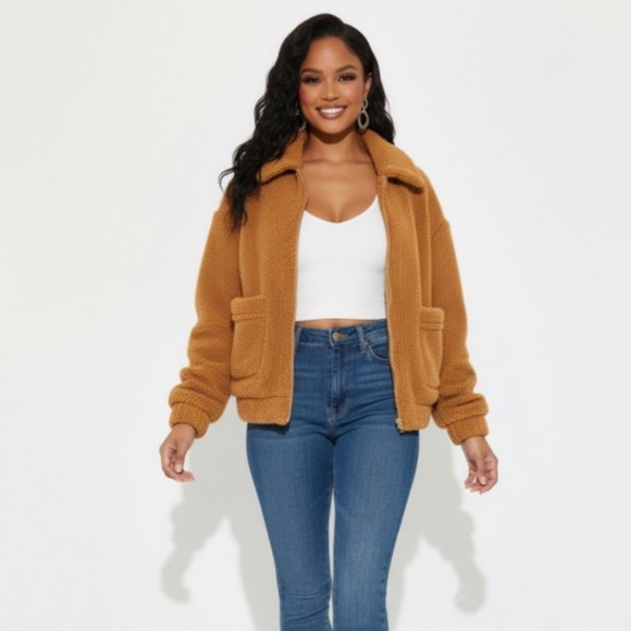 •Essentially Chic• Cognac Sherpa Teddy Jacket - Picture 2 of 3